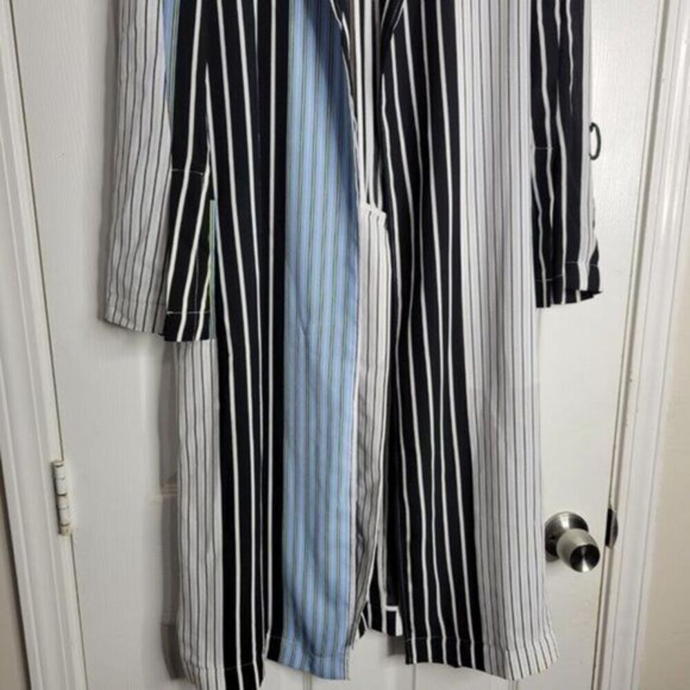 BCBGMAXAZRIA Shirt Jacket Small Black Blue Stripe Trech Belt Pockets Lightweight - Picture 5 of 11
